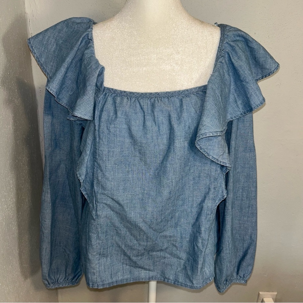 J. Crew Light Blue denim  Ruffle Blouse